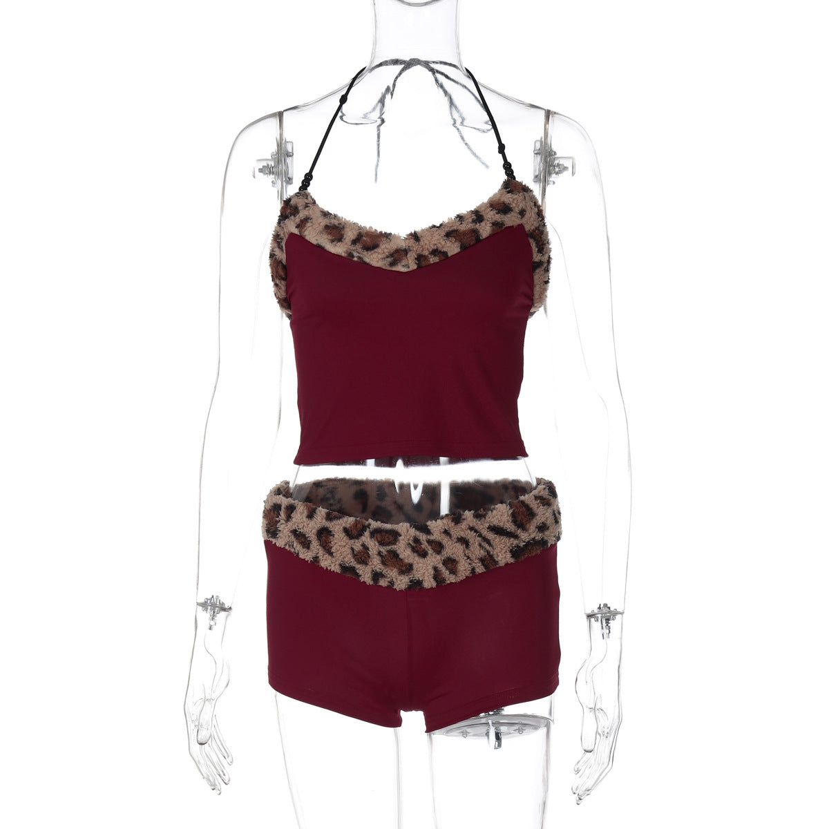 Conjunto de Novo Estilo Europeu e Americano: Alças Sem Alças Doces e Picantes que Apertam a Cintura, Calções Justos, Conjunto Feminino de Duas Peças com Estampado de Leopardo Plush
