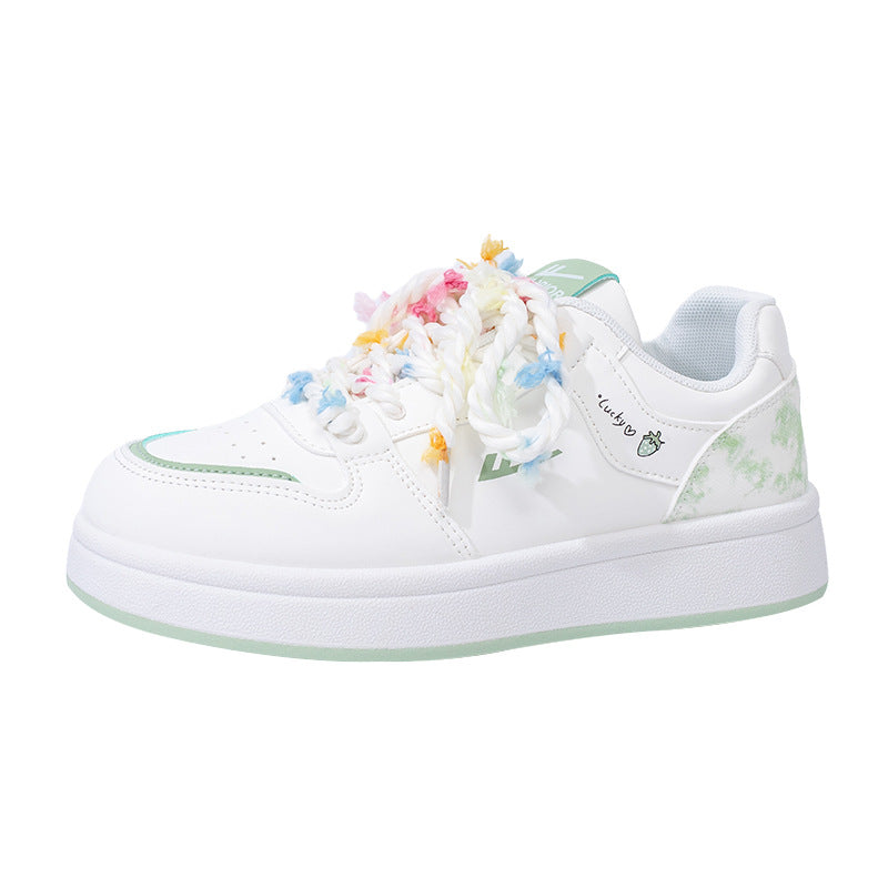 Sapatos Warrior matcha verde dopamina com sola grossa, sapatos quentes de estudante com atacadores, tie-dye e respiráveis, sapatos femininos de alto valor com blocos de cor