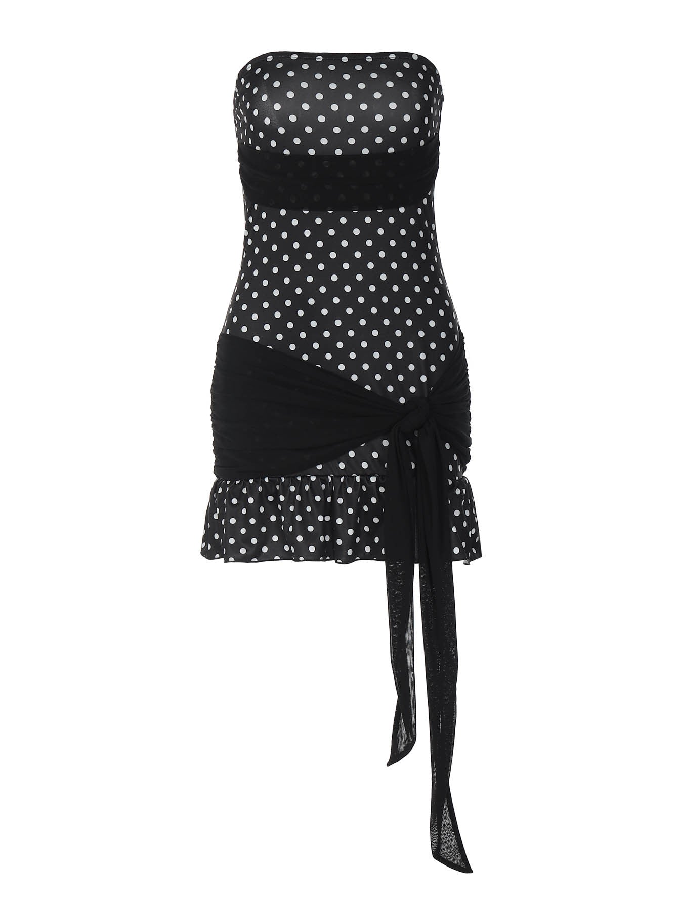 Saia curta ao estilo europeu e americano da INS, elegante padrão de bolinhas, patchwork sem alças que aperta a cintura, vestido de gravata com aplique com blocos de cor