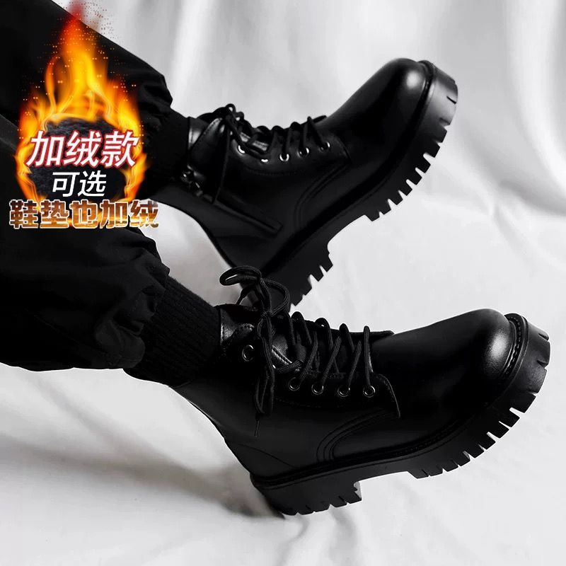 Botas Martin com fecho lateral para o outono, botas de motociclismo pretas pretas de estilo britânico de cano alto e alta, botas de passeio de corte médio