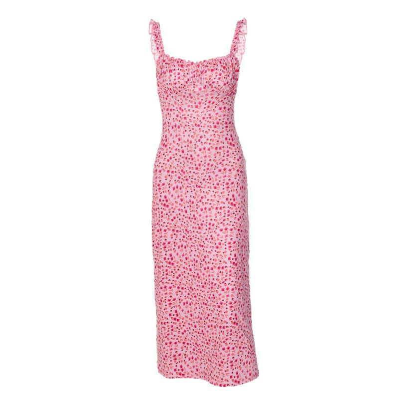 Novo vestido feminino feminino de verão 2026, estilo boémio e sexy de férias, pequeno vestido floral com alças finas penduradas para mulheres