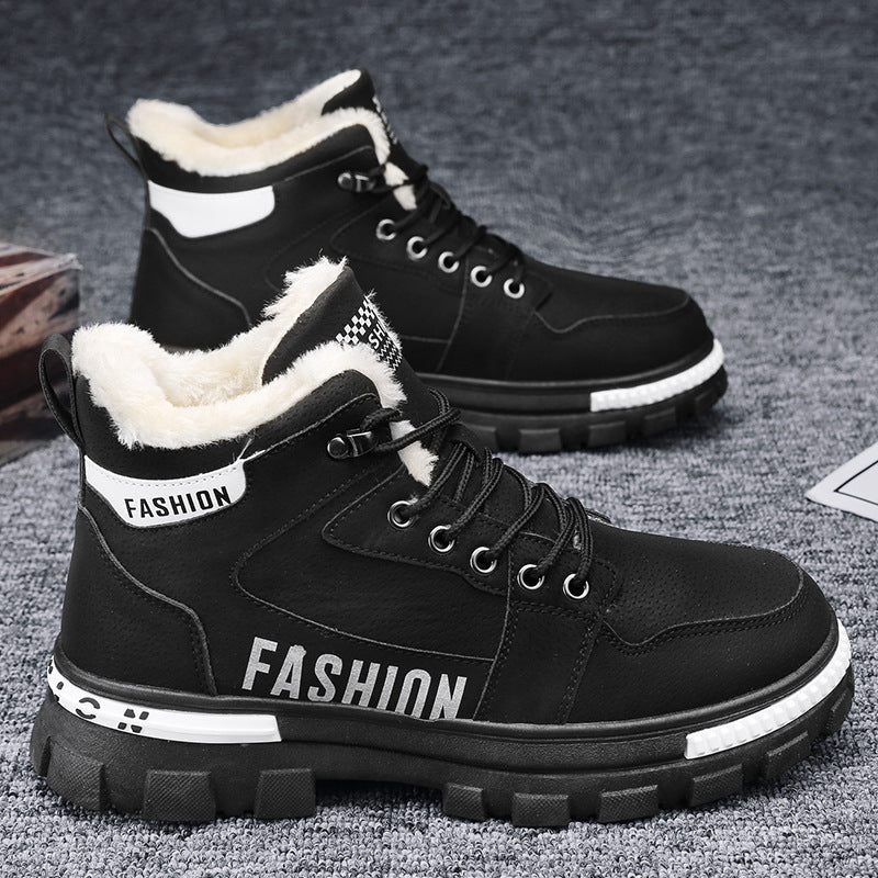Botas de neve masculinas, botas de algodão espessas forradas a polar para o inverno 2025, sapatos masculinos resistentes ao frio, sapatos quentes de algodão, botas Martin masculinas