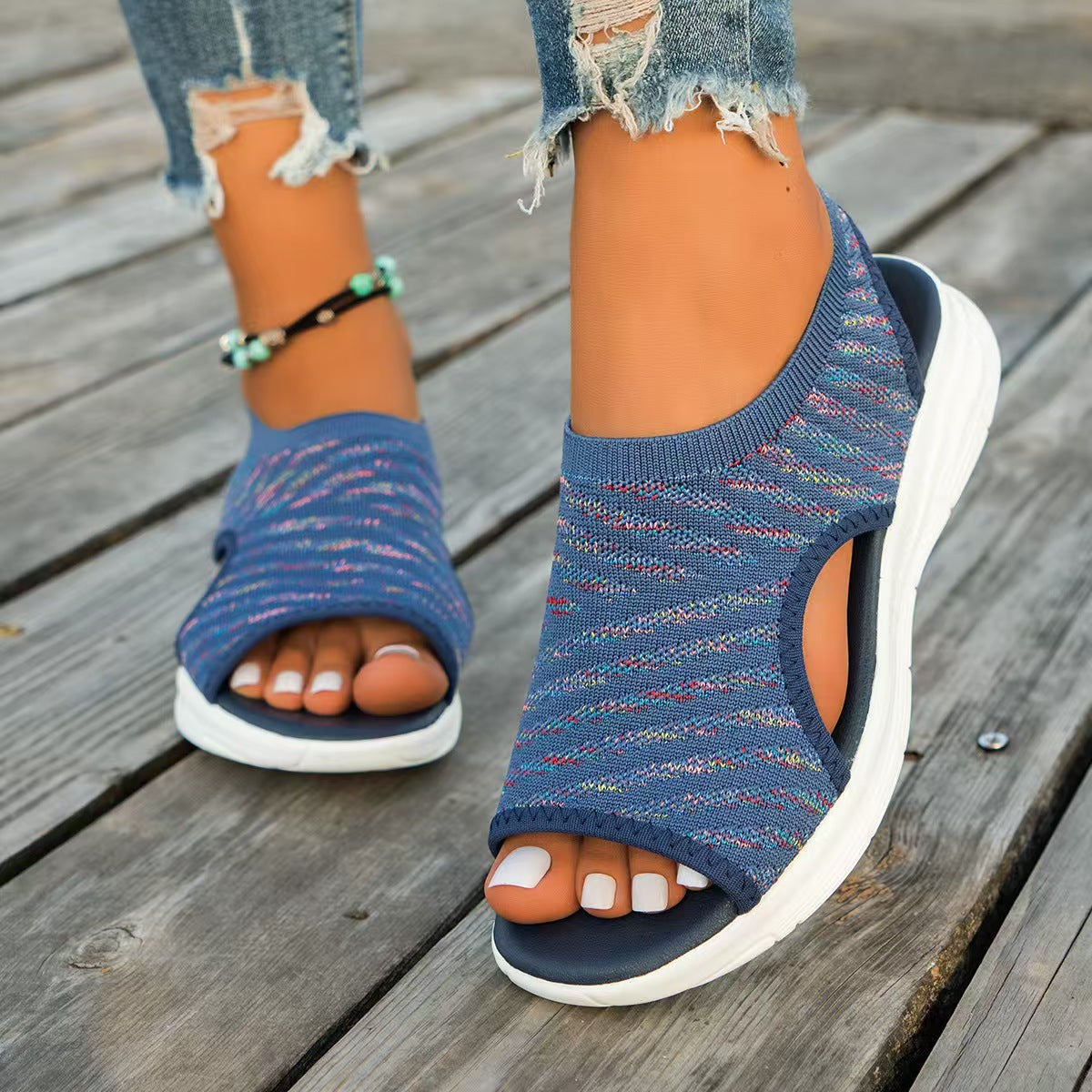 25 Summer New Foreign Trade Plus Size Cross-fronteriço Moda Europeia e Americana Sandálias Flyknit Amazon Flyknit Outside-Fishmouth