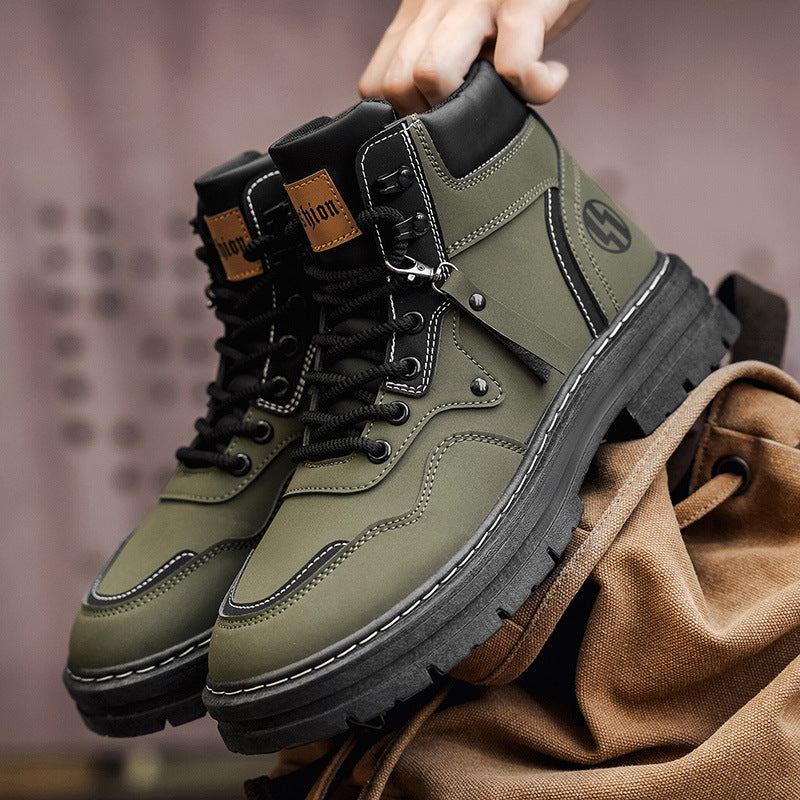 Botas Martin de Homem Roupa de trabalho de outono de estilo britânico de cano alto Botas de trabalho amarelas grandes para camisola desportiva casual masculina para caminhadas ao ar livre com sola grossa