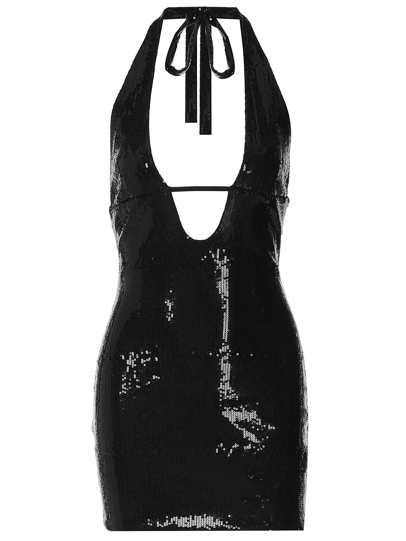 Bestseller feminino europeu e americano: estilo rapariga atraente, V profundo com costas vazias, estilo clube nu, estilo halter hug, bodycon vestido escuro para mulheres