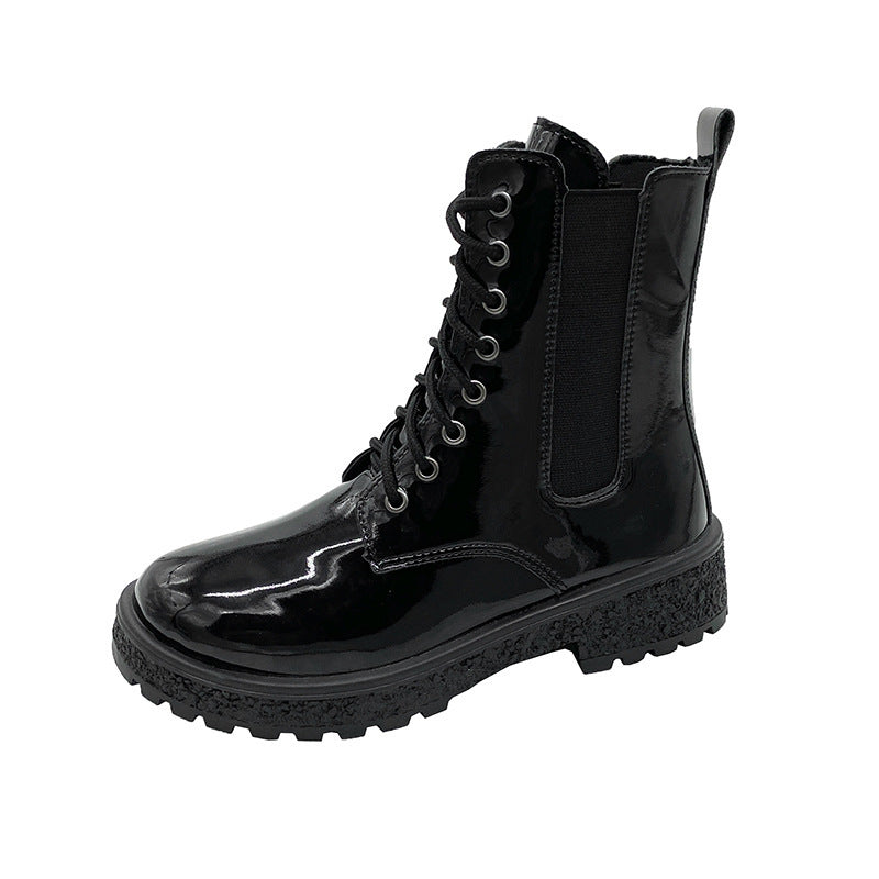 Botas femininas: Botas de salto redondo com salto redondo de salto médio, sapatos femininos em couro verniz coreano de outono 2025, botas Martin confortáveis