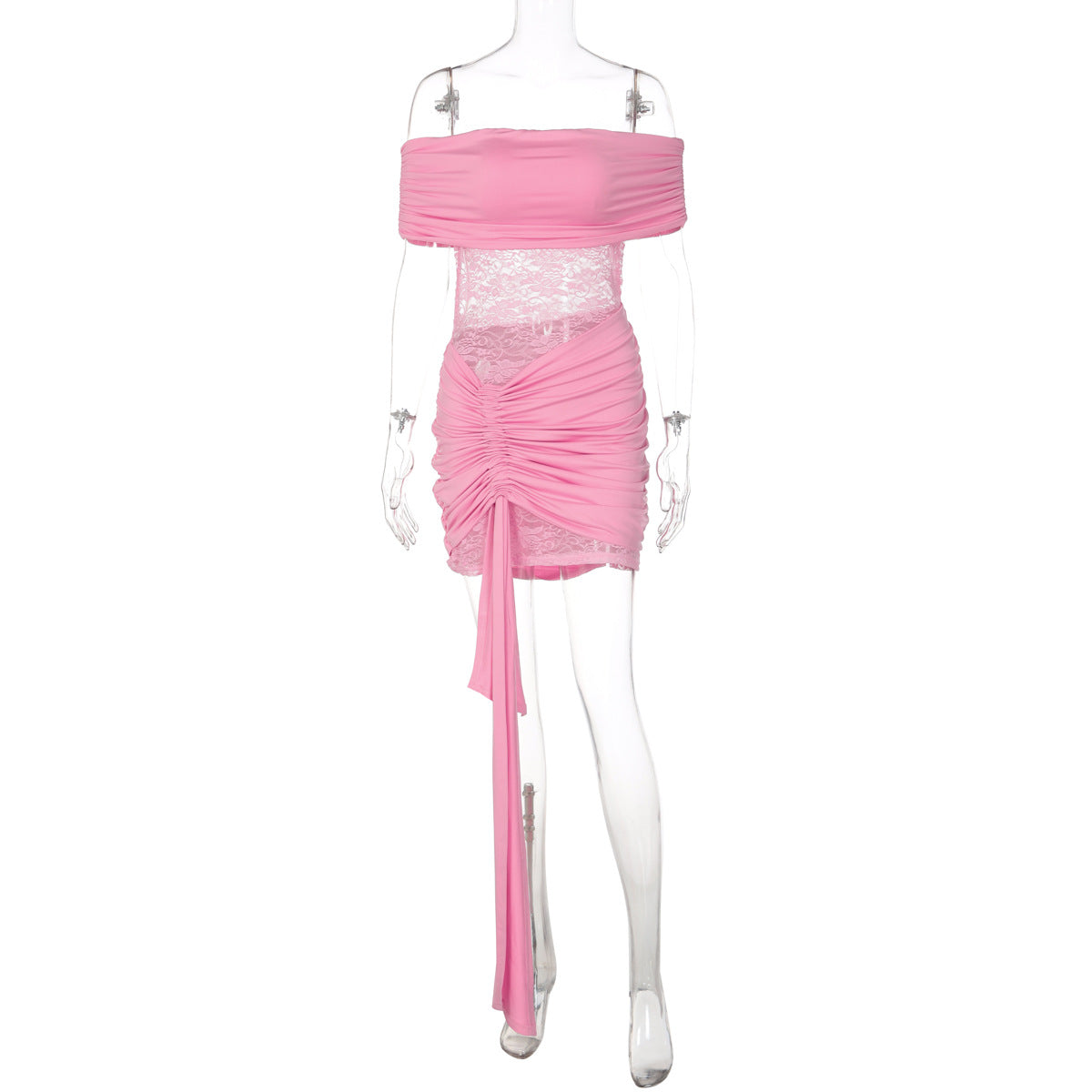 Vestido de renda bestseller europeu e americano, patchwork sexy sem alças com ombros descobertos, saia curta transparente com alças justas para mulheres