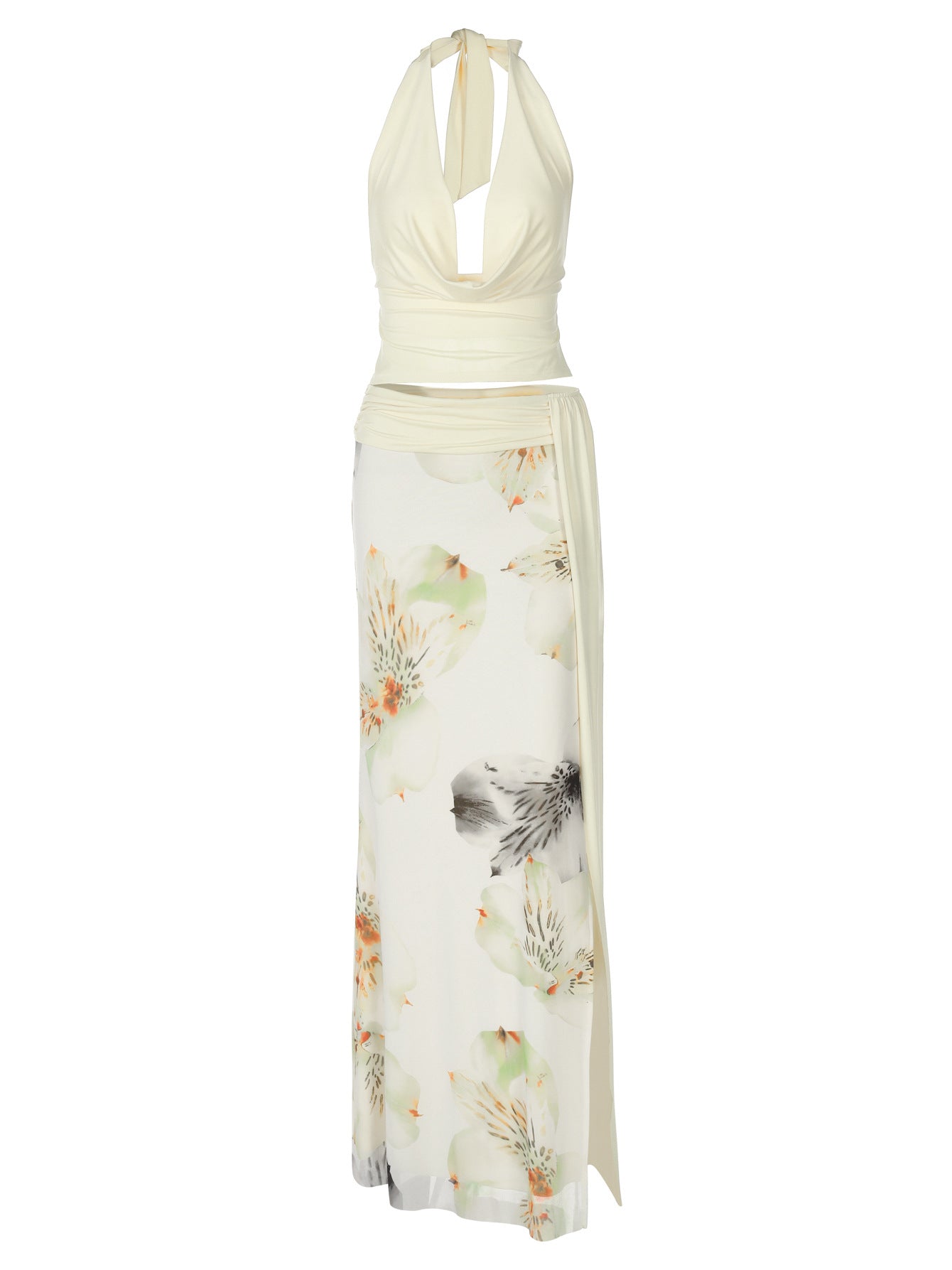 Conjunto de vestido comprido na moda feminino europeu e americano com gola cruzada, sutiã sem costas, corte justo, vestido comprido com estampado em rede e fenda