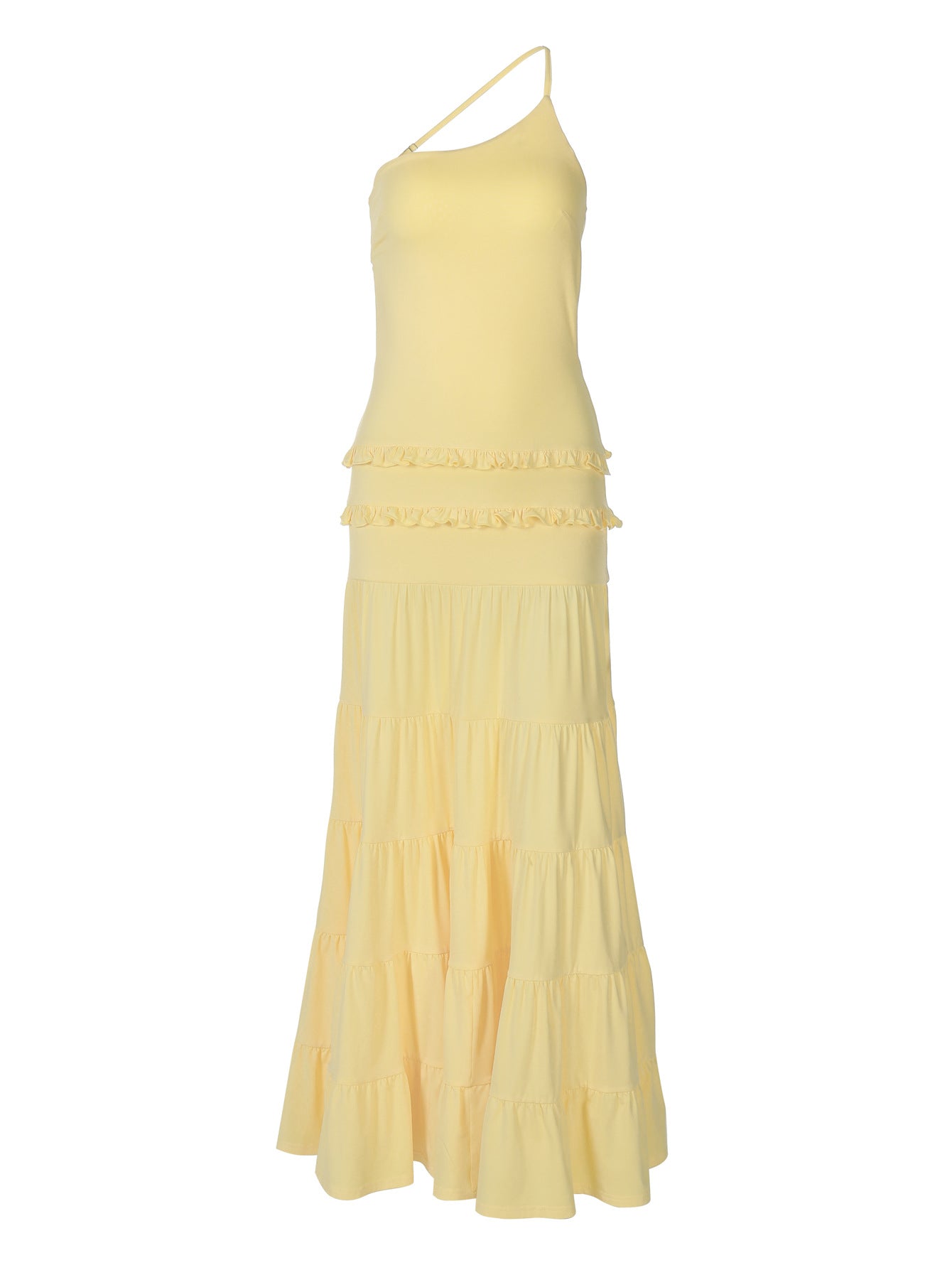 Vestido transfronteiriço novo e vendido pela Europa e América, vestido longo de retalhos, de um ombro, plissado e multicamadas, sexy, sem costas ocas, remendado, para mulheres