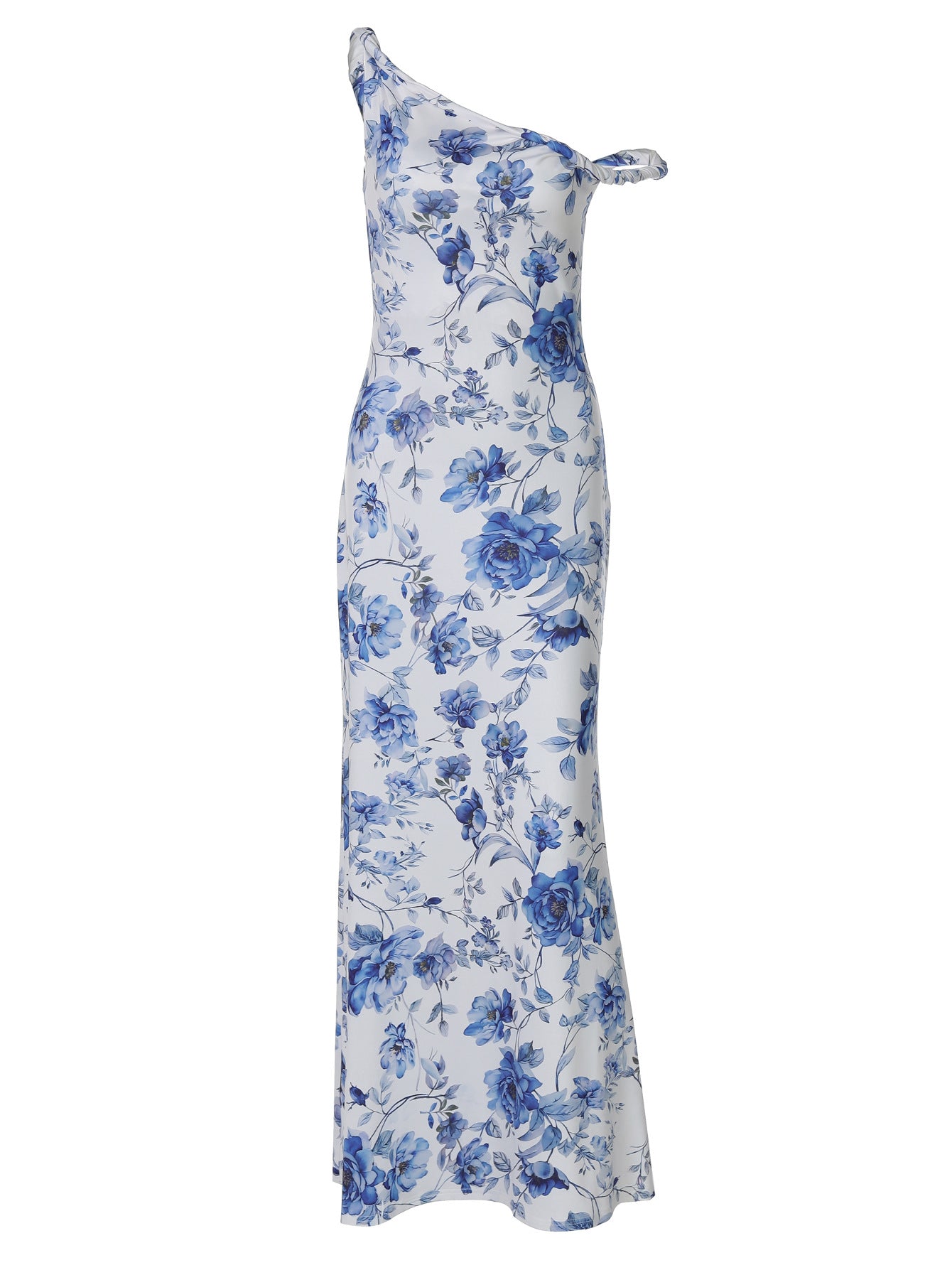 Vestido longo longo estampado com estampas florais femininas transfronteiriças da Amazon, com estampado de um ombro torcido, para exportação por grosso