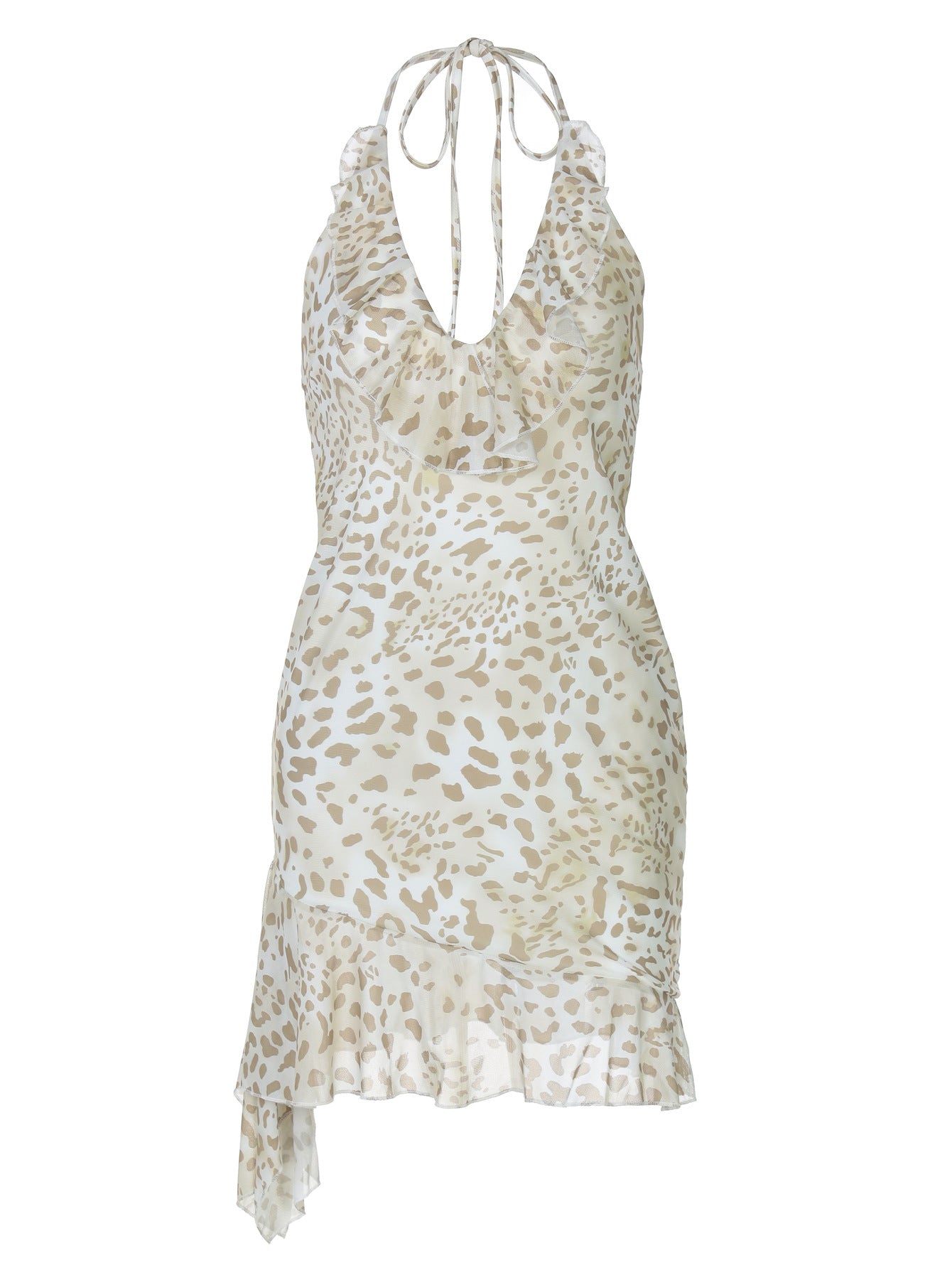 2026 Summer Hot Girl European and American Fashion Leopard Sexy Deep V, Vestido Orelha Ajustada com Folhos e Decote Halter, para Mulheres