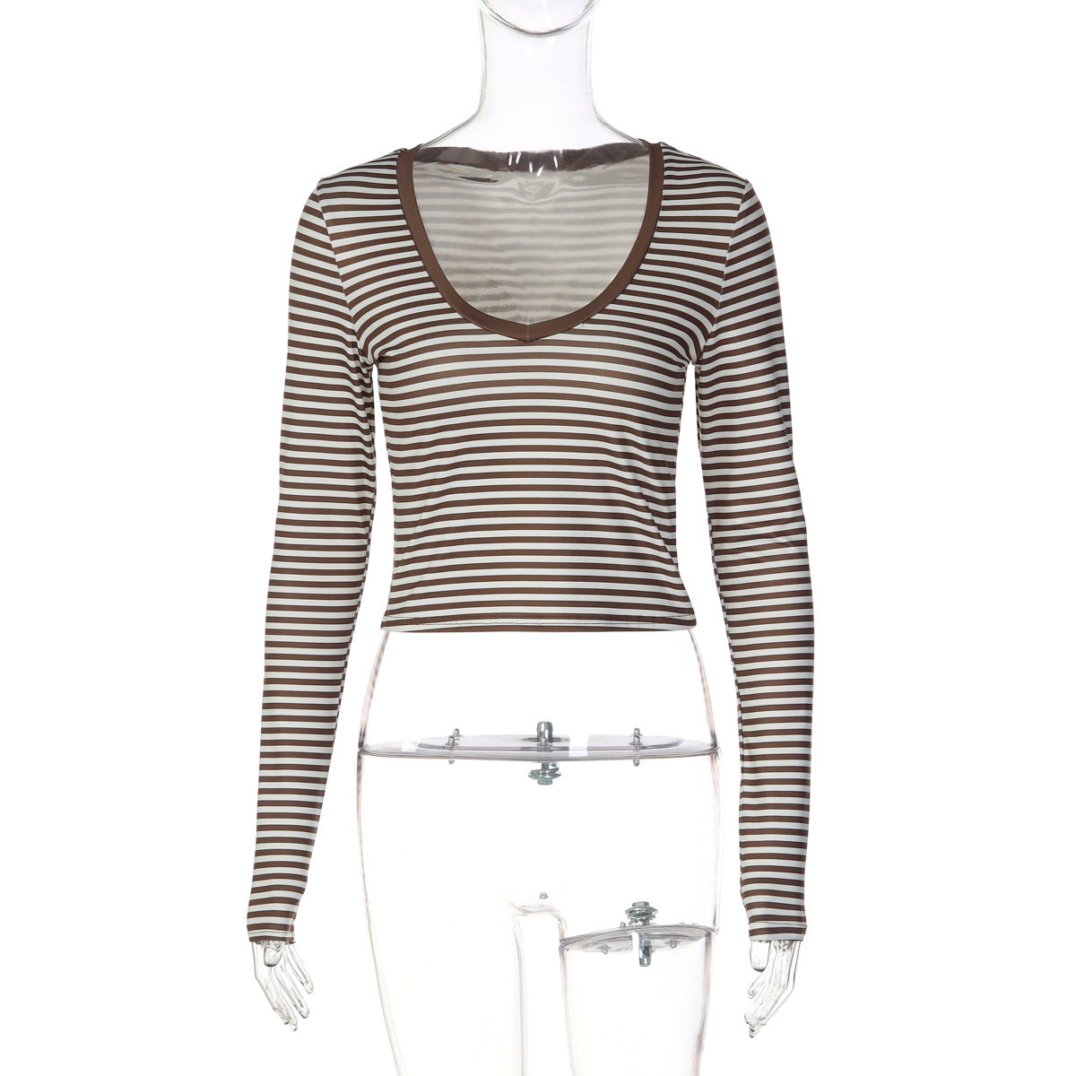 Estilo europeu e americano INS, estilo transfronteiriço e vendas de novas modas, rapariga às riscas de manga longa picante, camisetas curtas versáteis, slim tops versáteis, dropshipping