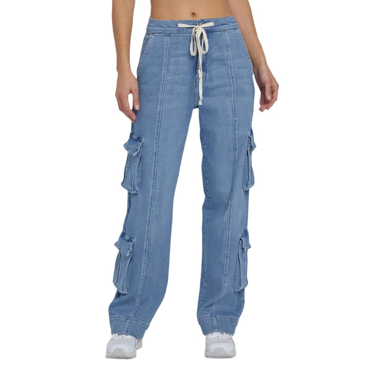 Amazon Independent Site 2025 Primavera Novas Calças de Trabalho Lavadas de Rua Jeans de Mulher com Múltiplos Bolsos de Perna Larga com Atacadores