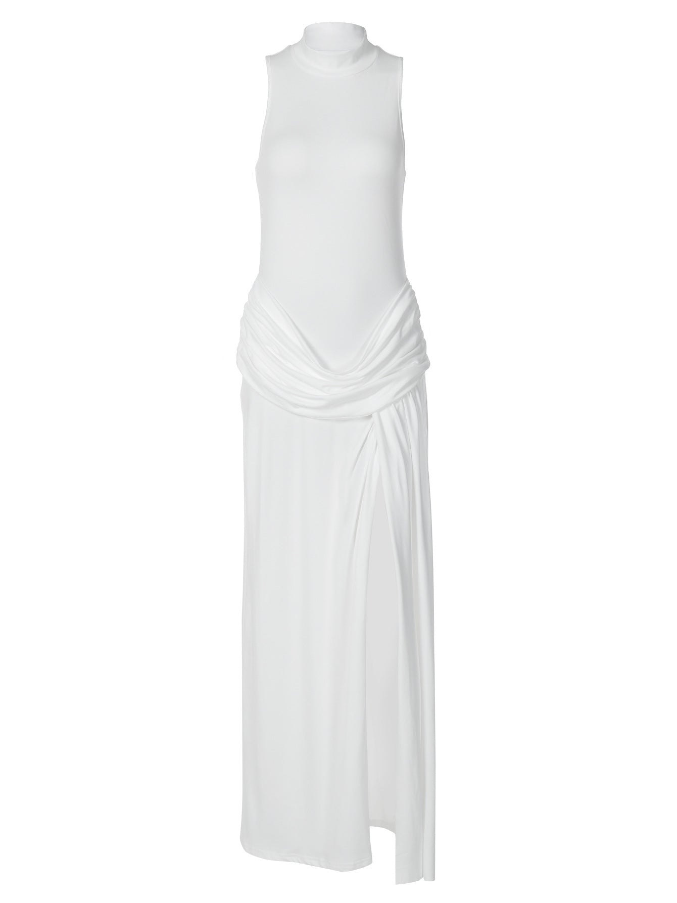 Vestido de verão transfronteiriço europeu e americano, novo vestido elegante sem mangas com gola estreita e retalhos de fenda longa para mulheres