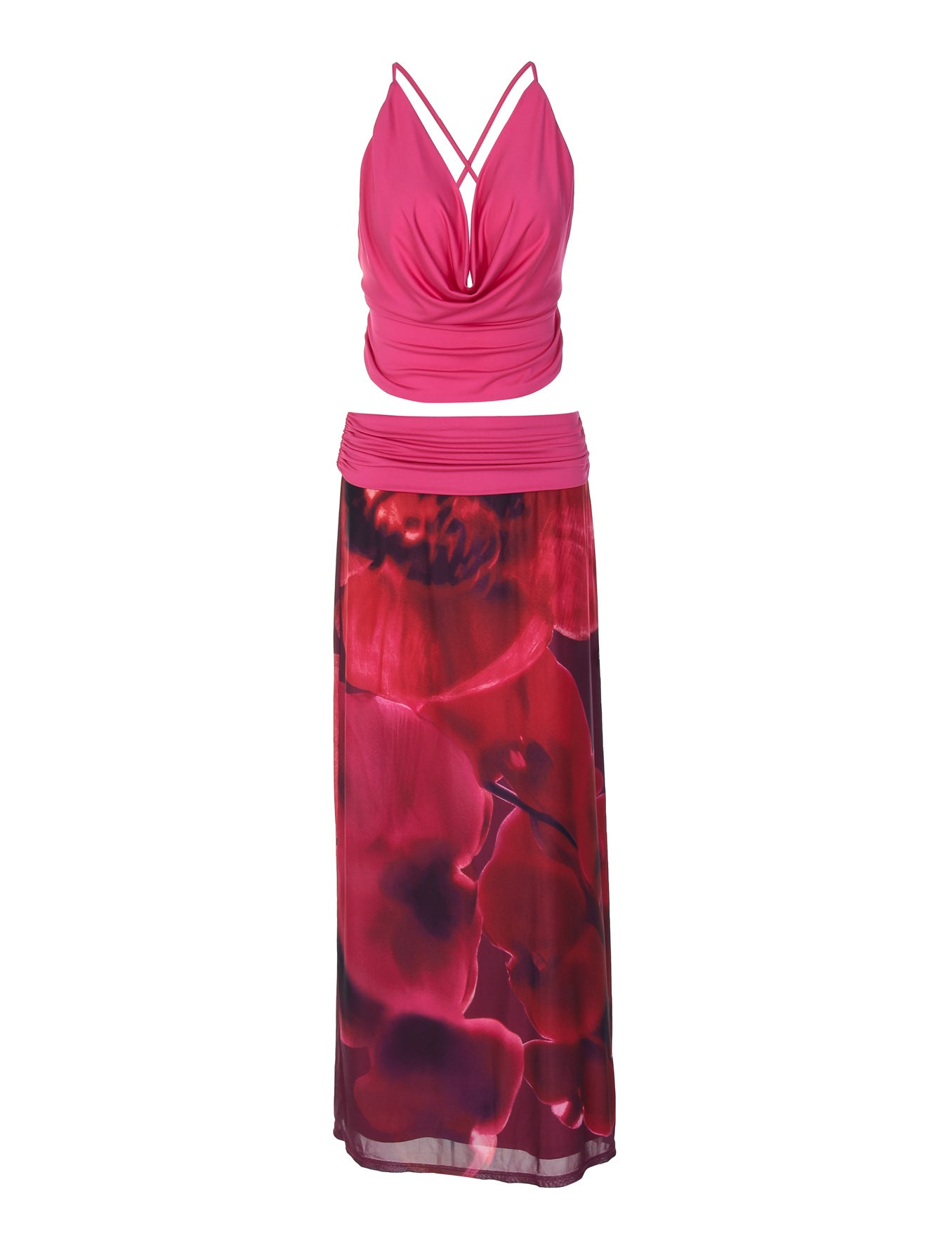 2026, verão europeu e americano, novo conjunto de vestido longo estampado com gola sling e gola sling sem costas, sexy de malha fina, estampado para mulheres