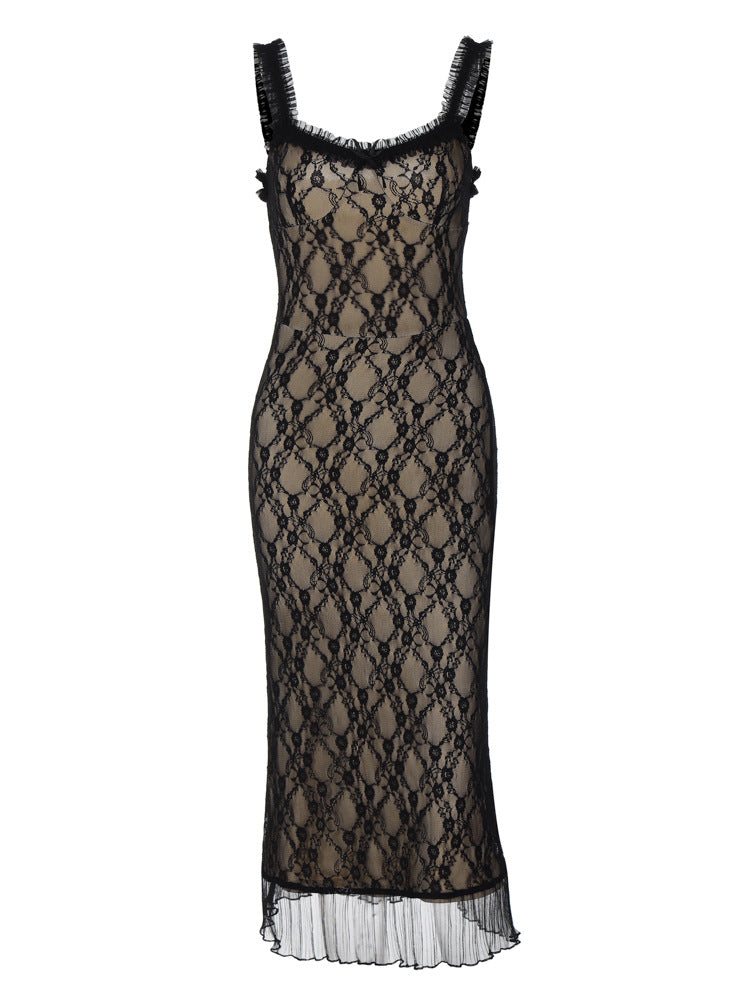 Comércio exterior europeu e americano quente novo sexy renda detalhes peito laço irmã real estilo mid slip vestido mulheres