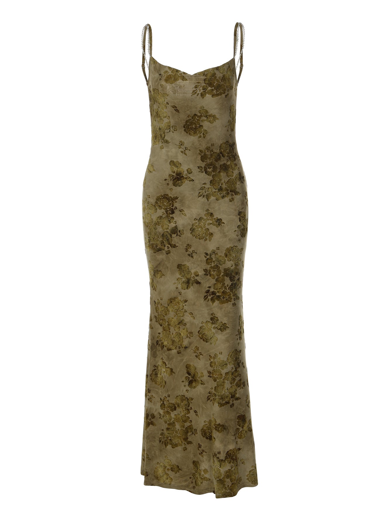Vestido longo tie-dye sexy, maduro, moda europeia e americana, patchwork sem costas com decoração de correntes de ferro, vestido comprido justo e puro