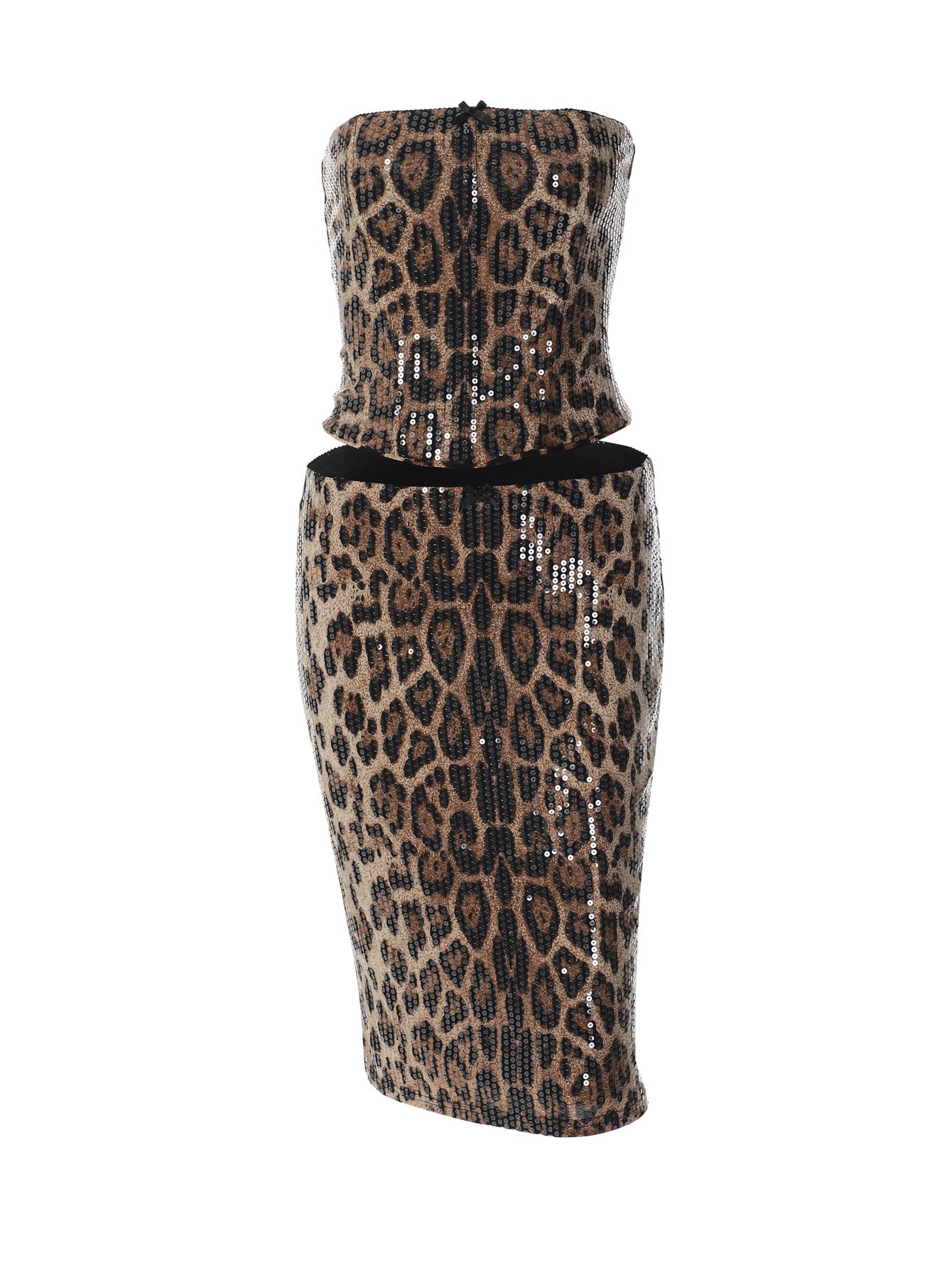 Conjunto de bestsellers transfronteiriços da Amazon, gravata de retalhos com padrão de leopardo da moda, corte sem alças e sem alças, saia de lantejoulas ajustada ao quadril de comprimento médio para mulheres