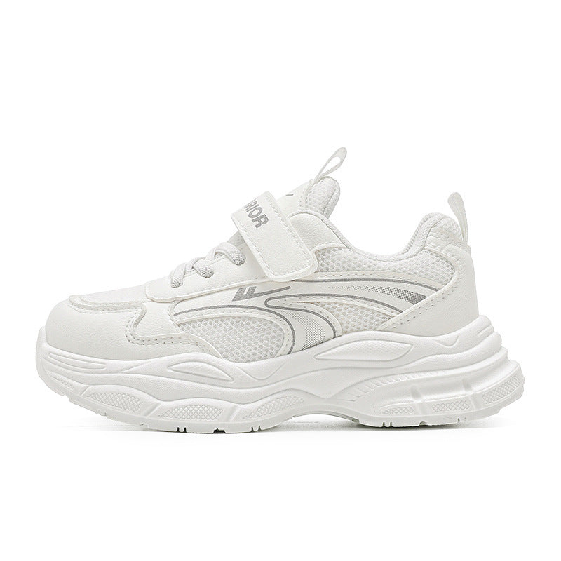 Sapatos infantis de rede Warrior spring novos e respiráveis, cor sólida, sapatos brancos simples e versáteis de sola grossa, ténis modernos para o exterior