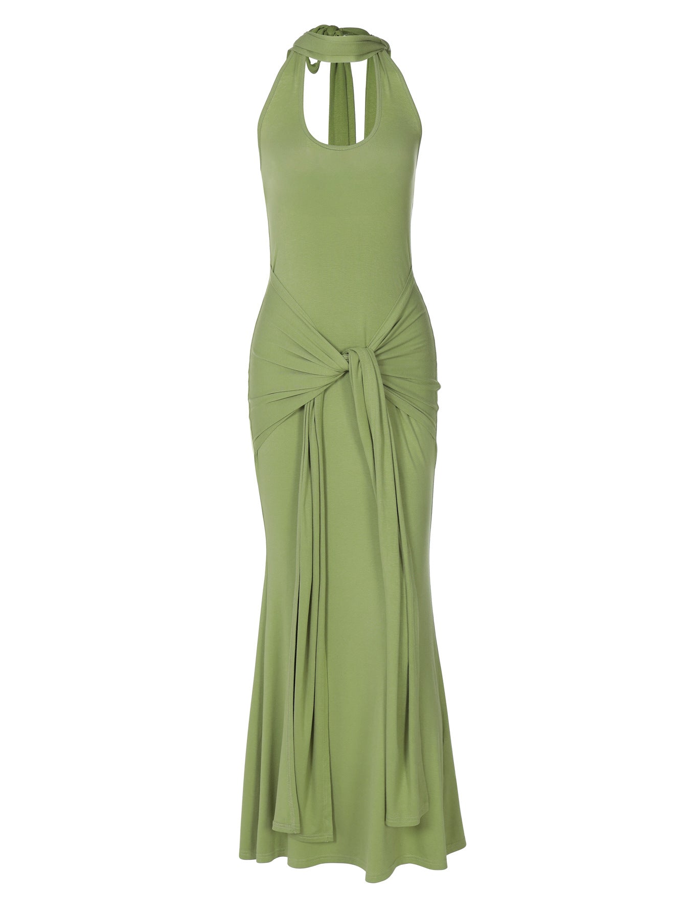 Amazon Vestido de fita que aperta a cintura de cor sólida, elegante, versátil e de gola longa com gola alta, sem costas para mulheres