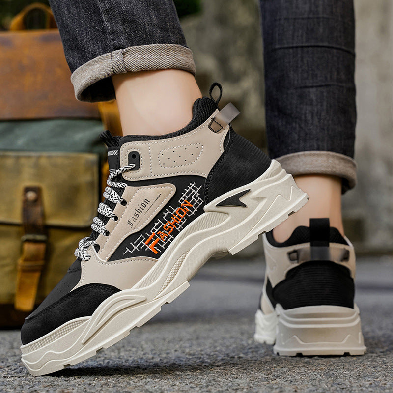 Sapatos masculinos de outono, sapatos de trabalho de cano alto, botas Martin com sola grossa e estilo coreano da moda, sapatos desportivos casuais, botas até ao tornozelo, sapatos modernos