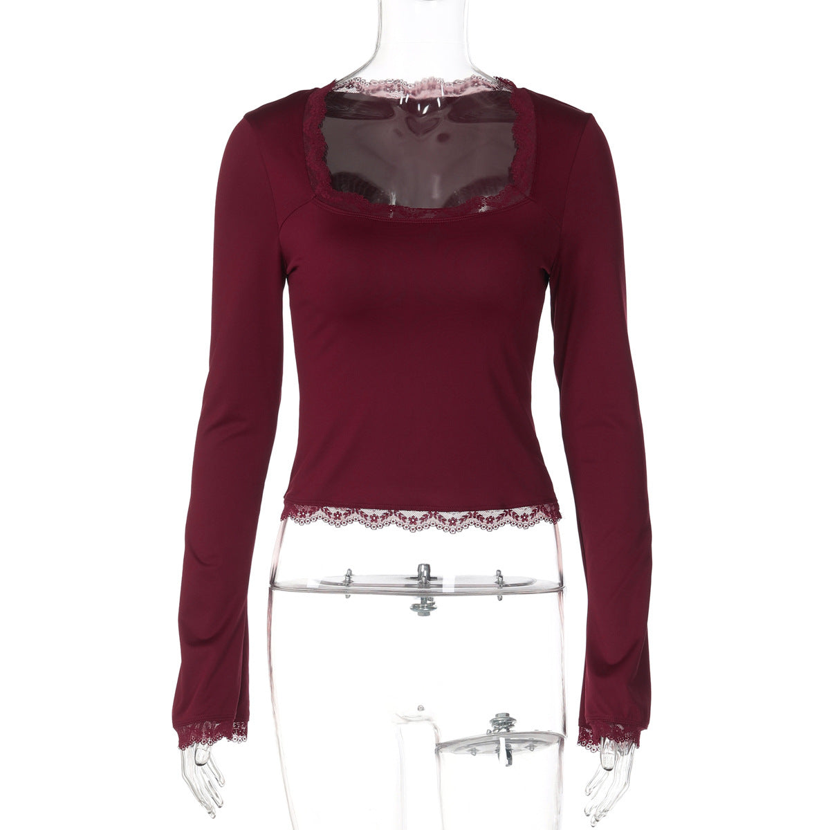 Amazon Novas camisolas femininas versáteis, com gola quadrada, gola quadrada em renda lateral e manga longa, slim-fit, na moda da Amazon, para comércio exterior