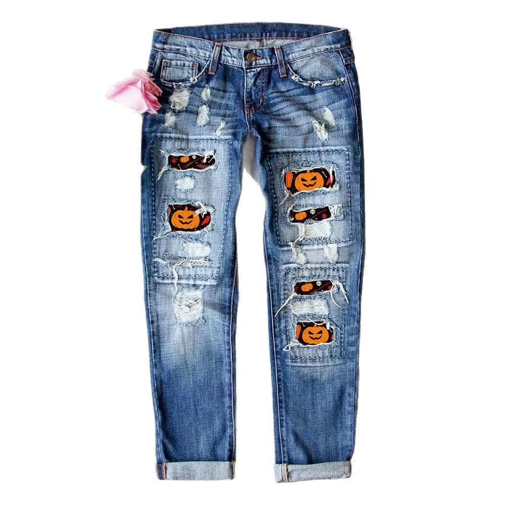 Fashionistas europeias e americanas do AliExpress, calças de ganga com padrão rasgado e excêntricas de abóbora