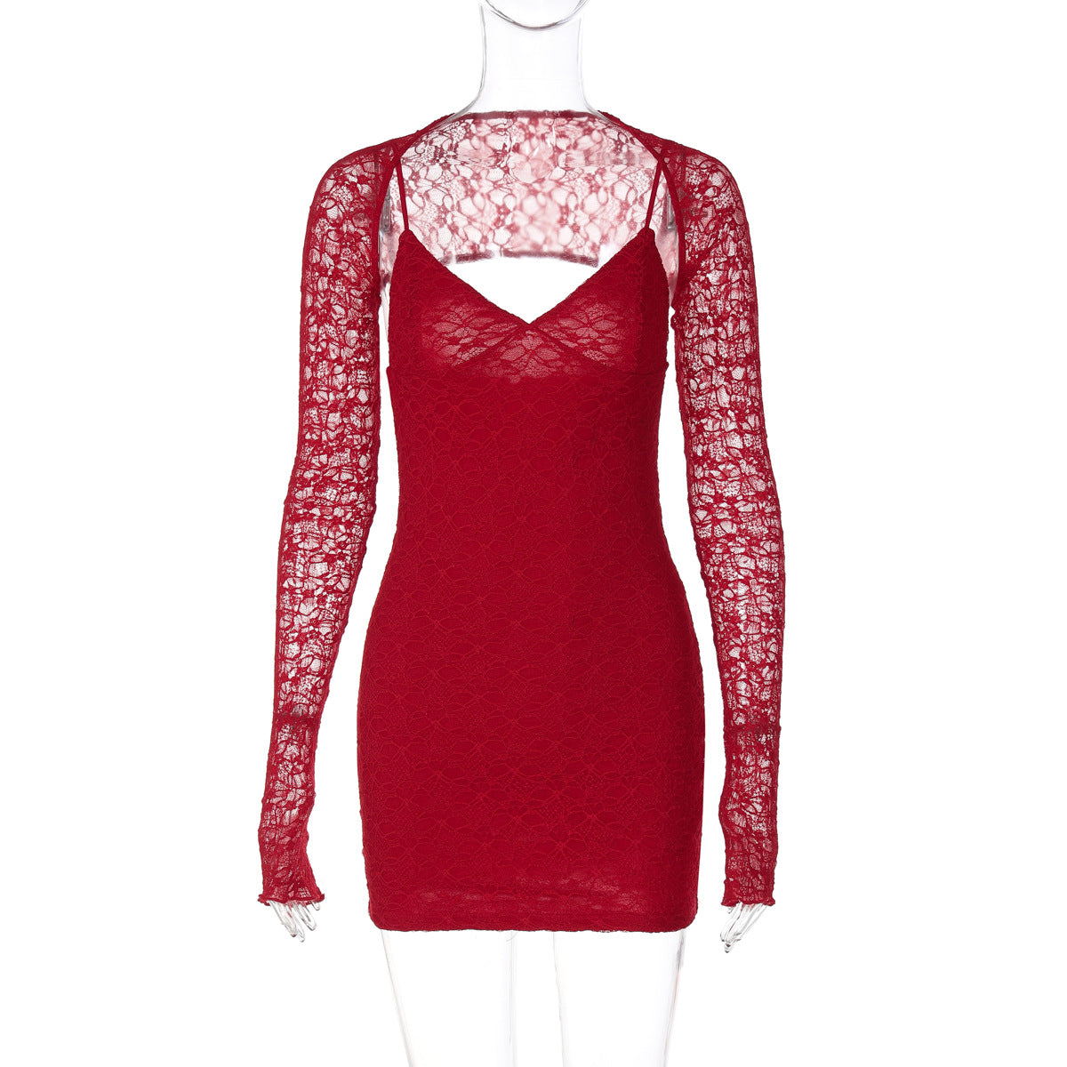 Vestido slipwork de renda sexy europeu e americano, vestido social de decote em V com design vermelho puro e atraente, rapariga atraente
