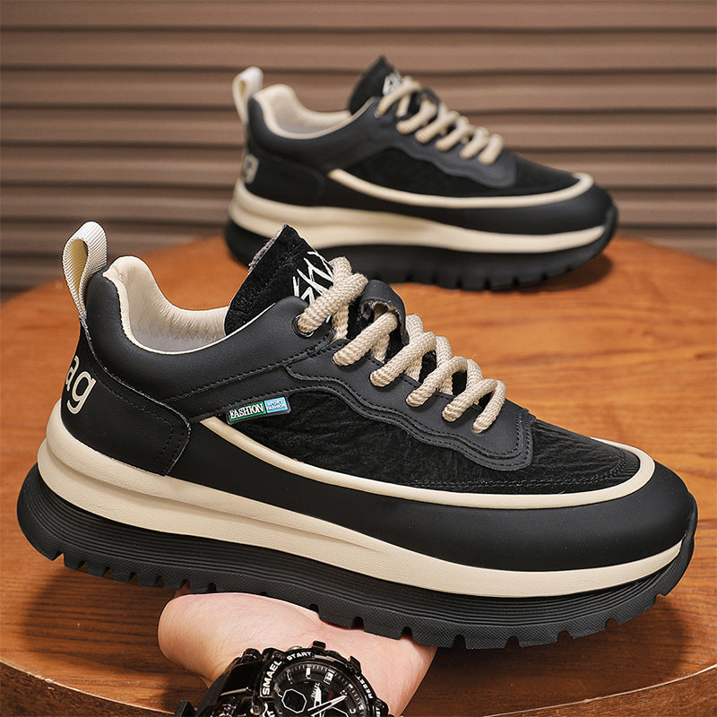 Outono 2025 Novos Sapatos Desportivos Casuais de Tabuleiro Sapatos de Pai de Sola Grossa Estilo Hong Kong Sapatos de Pão de Pele Baixo A-Gan Sapatos para Homens