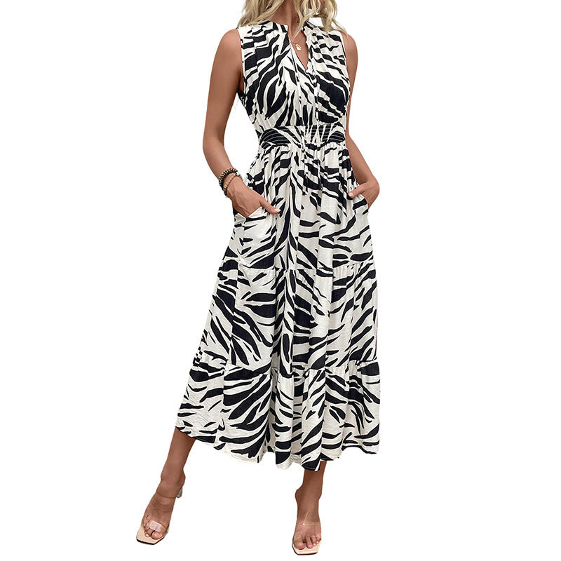 Amazon 2025 Novo vestido de zebra com padrão zebra Versátil, europeu e americano com decote em V, cintura elástica e cintura elástica, sem mangas