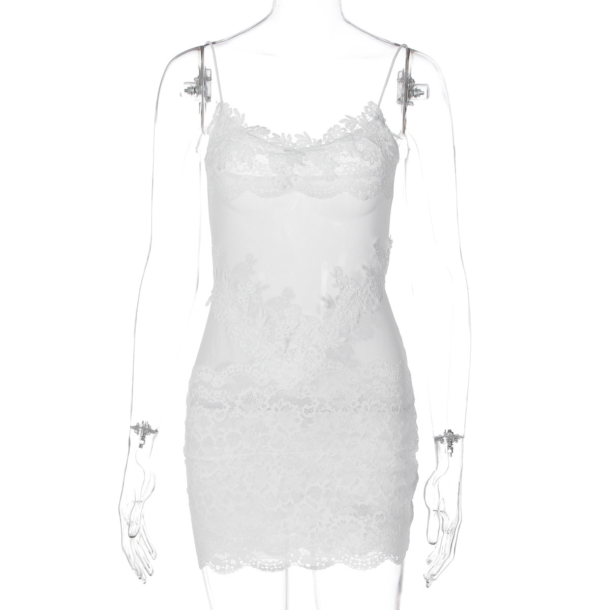 Moda INS europeia e americana, novo vestido sexy e picante de rapariga, renda transparente, justo ao corpo, renda ajustada às ancas para mulheres