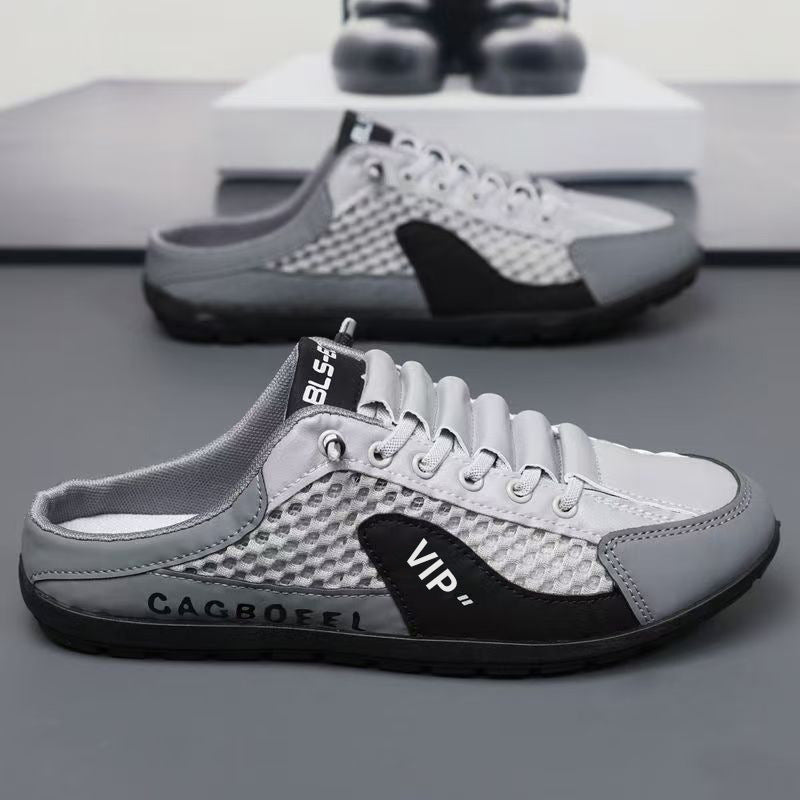 Chinelos semi-dedos fechados para homens, sandálias de rede de salto respiráveis para o verão, roupa exterior masculina, sandálias casuais de praia antiderrapantes para condução