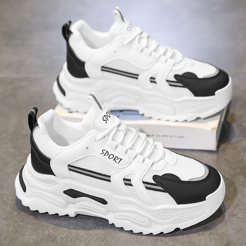 Sapatos masculinos Xiaobai 2025 novos verão, malha fina respirável, sola grossa, aumento de altura, desporto casual, corrida casual, ténis da moda