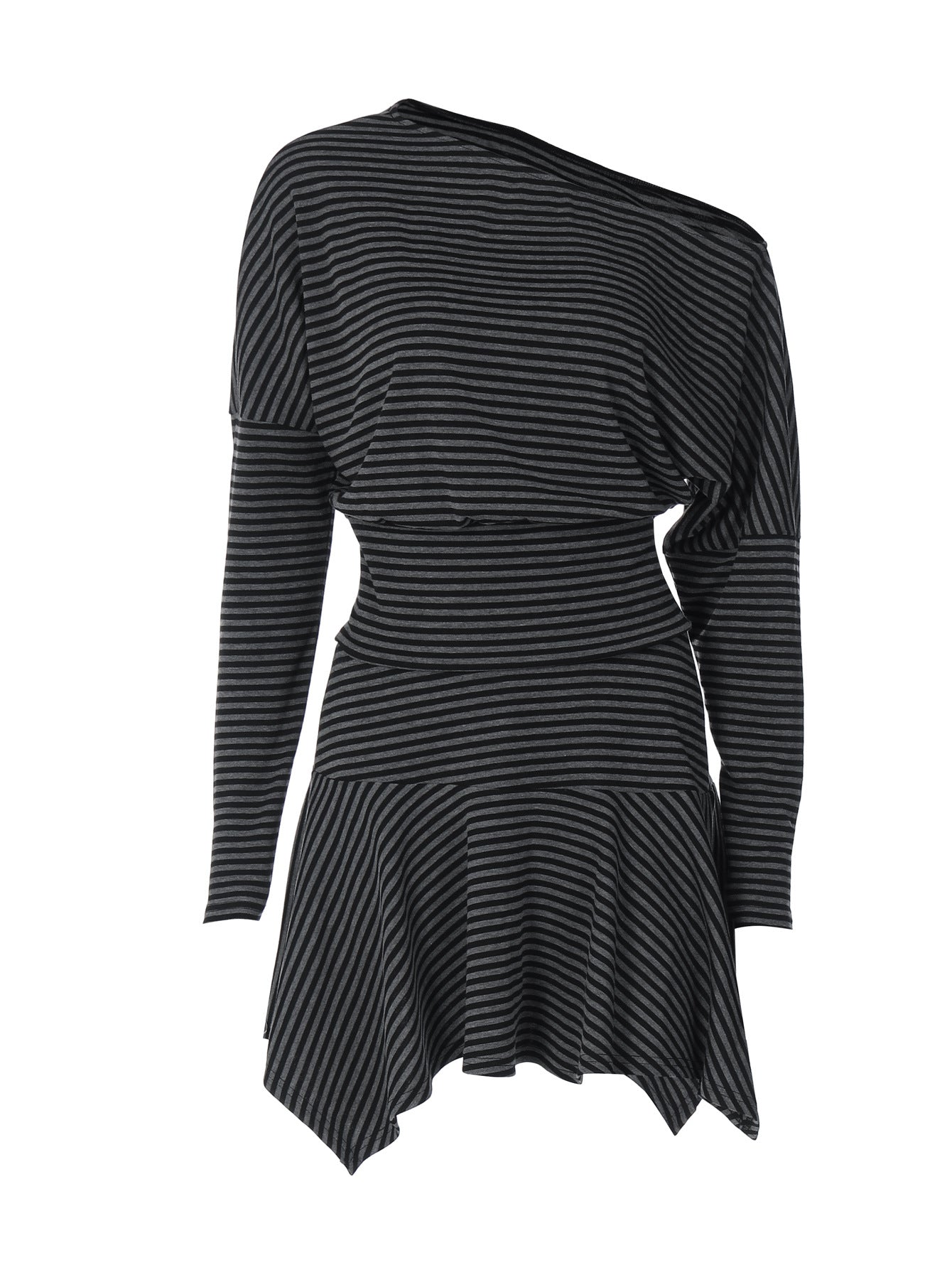 T-shirt longa à moda europeia e americana de estilo urbano com bloqueio de cor, ajustada às riscas e ombros descobertos, conjunto versátil de saia curta assimétrica para mulheres