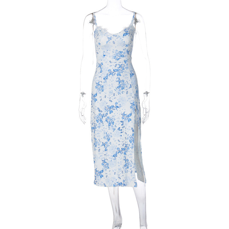 Vestido Feminino de Moda Europeia e Americana 2026 Verão Quente, Pequeno Vestido Floral Split Slit Strap Amazon Comércio Exterior Roupa Feminina por Grosso