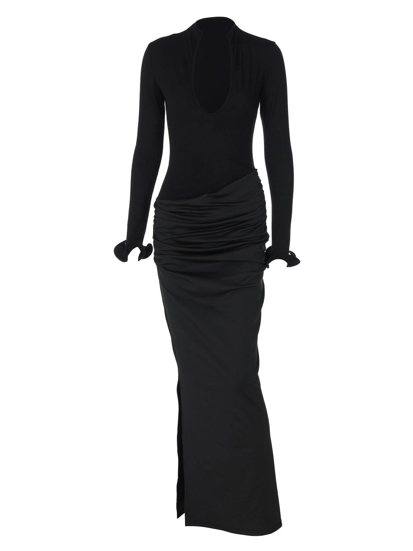 Vestido feminino novo, de manga longa, cor sólida, elegante e elegante e pregueado na moda feminino transfronteiriço e transfronteiriço