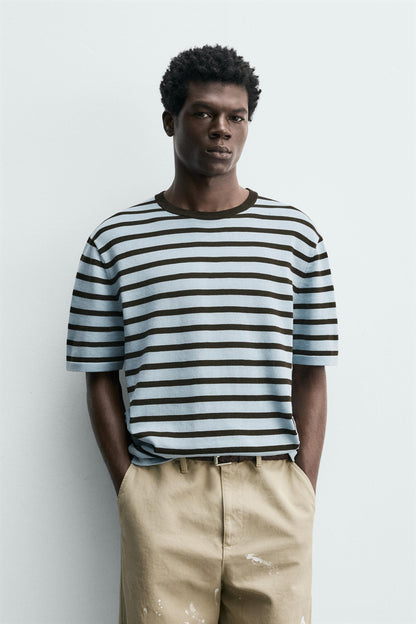 T-SHIRT DE MALHA DE ALGODÃO ÀS RISCAS