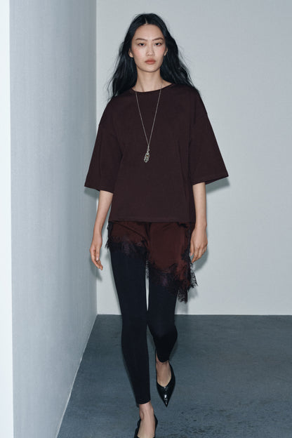 T-SHIRT COMBINADA COM RENDA - Chocolate