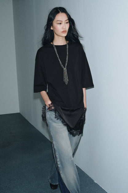 T-SHIRT COMBINADA COM RENDA - Preto