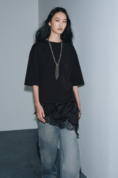 T-SHIRT COMBINADA COM RENDA - Preto