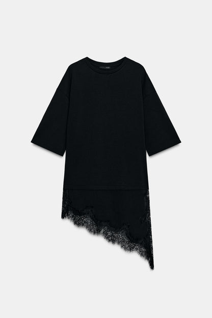 T-SHIRT COMBINADA COM RENDA - Preto