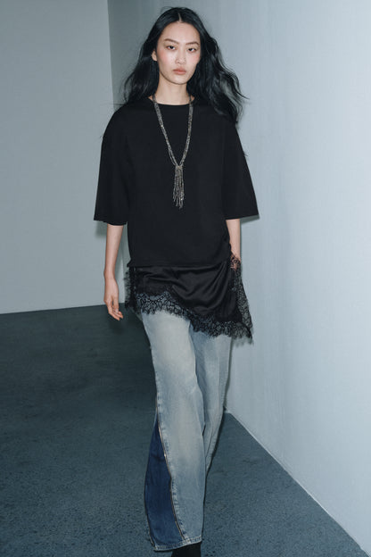 T-SHIRT COMBINADA COM RENDA - Preto