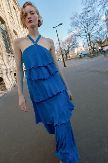 VESTIDO COMPRIDO COM FOLHOS - Cobalto