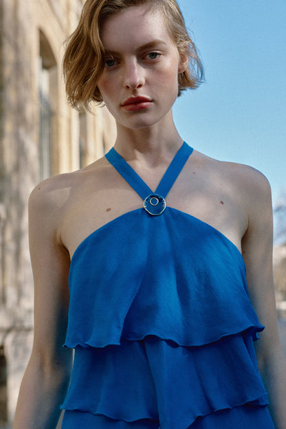 VESTIDO COMPRIDO COM FOLHOS - Cobalto