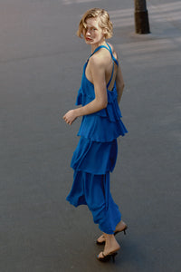 VESTIDO COMPRIDO COM FOLHOS - Cobalto