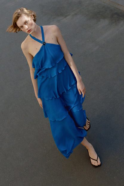 VESTIDO COMPRIDO COM FOLHOS - Cobalto