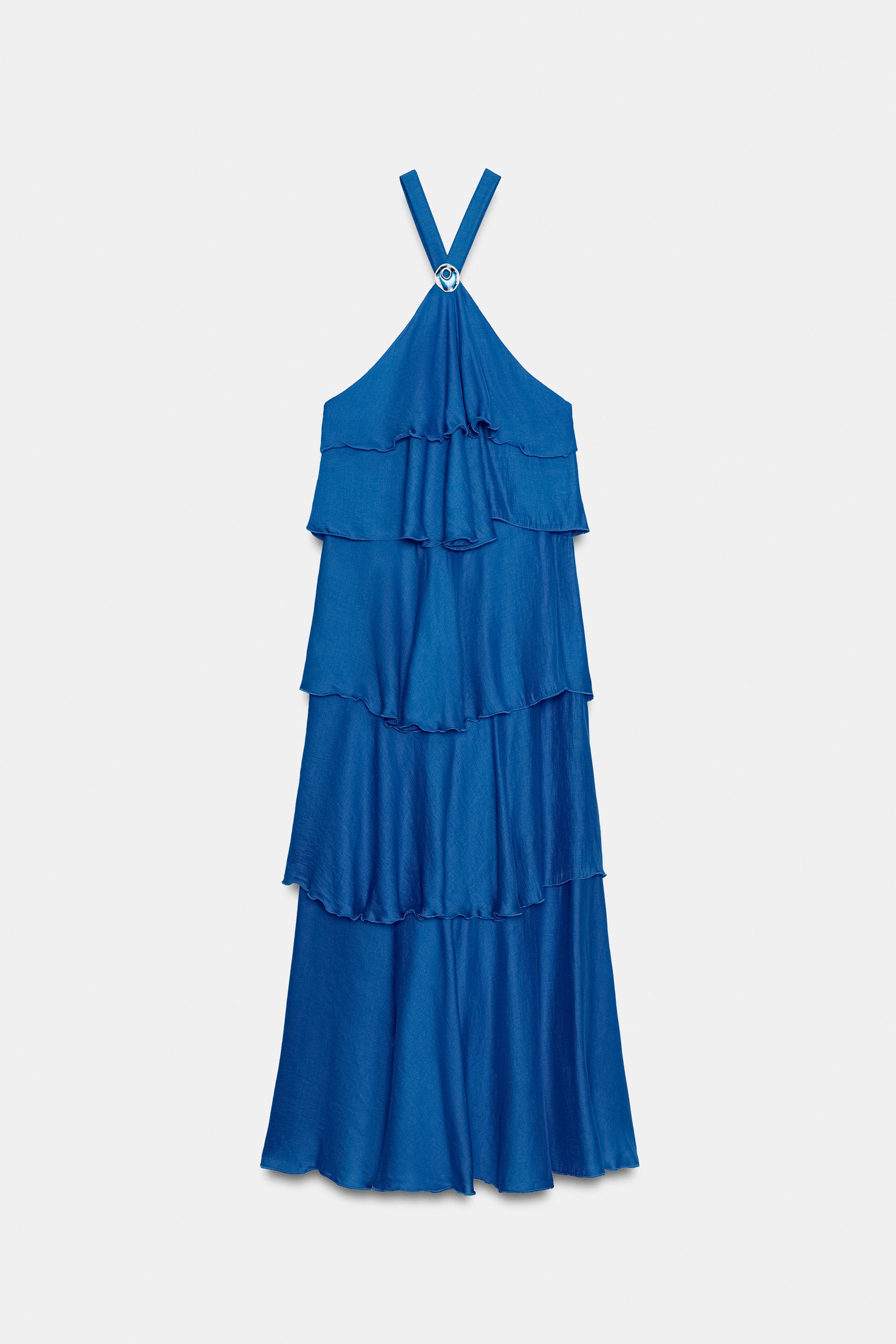 VESTIDO COMPRIDO COM FOLHOS - Cobalto