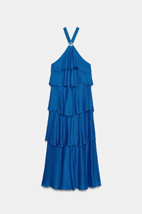 VESTIDO COMPRIDO COM FOLHOS - Cobalto