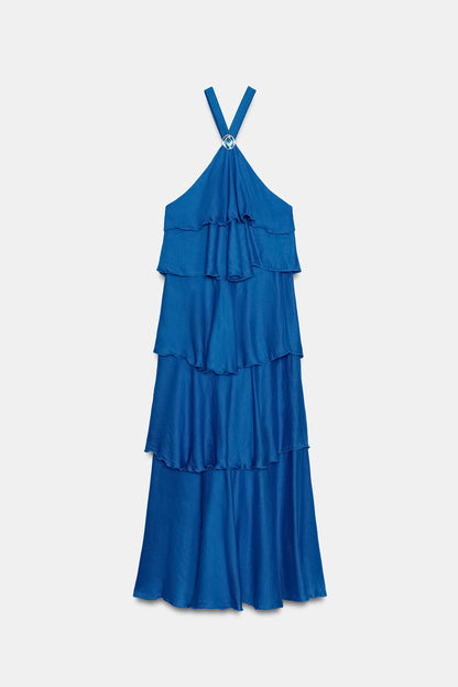 VESTIDO COMPRIDO COM FOLHOS - Cobalto