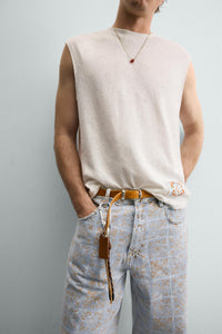 T-SHIRT TANK DE ALGODÃO-LINHO COM PATCH